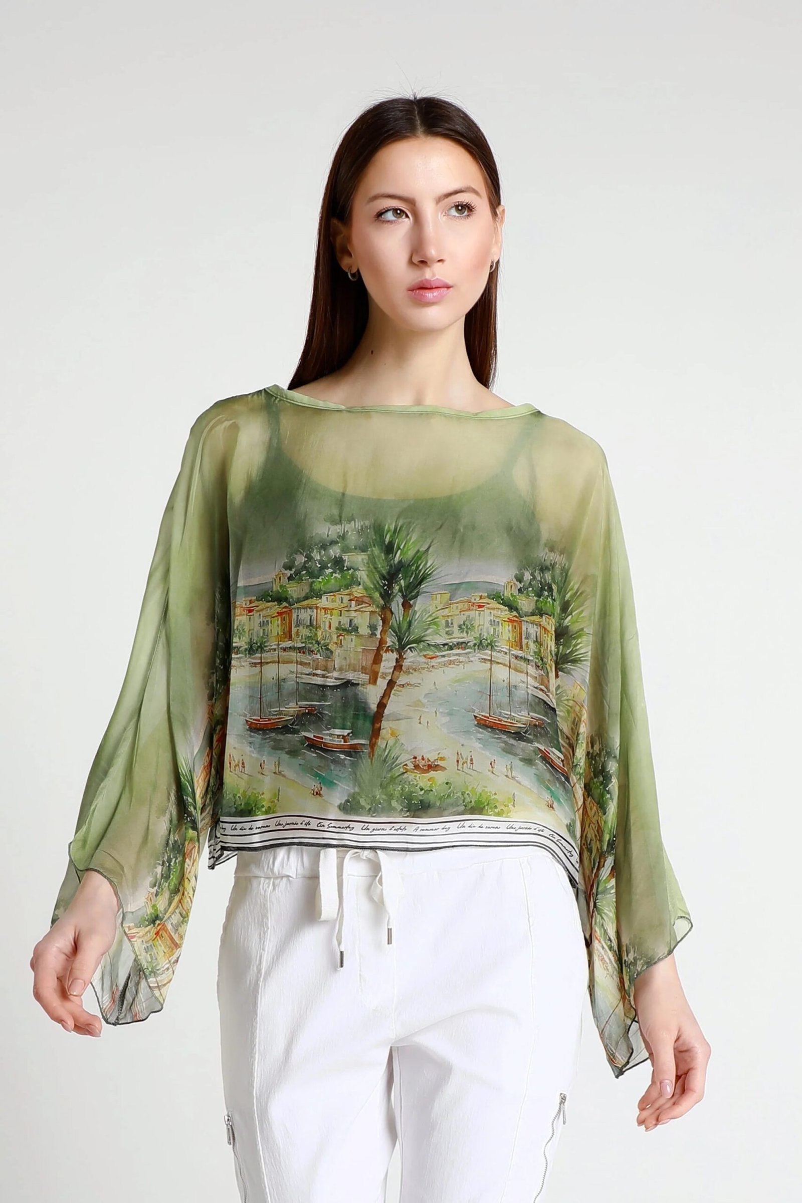 BQ200P303ArmyPositanoSofita34SleeveCroppedSilkKaftan-1